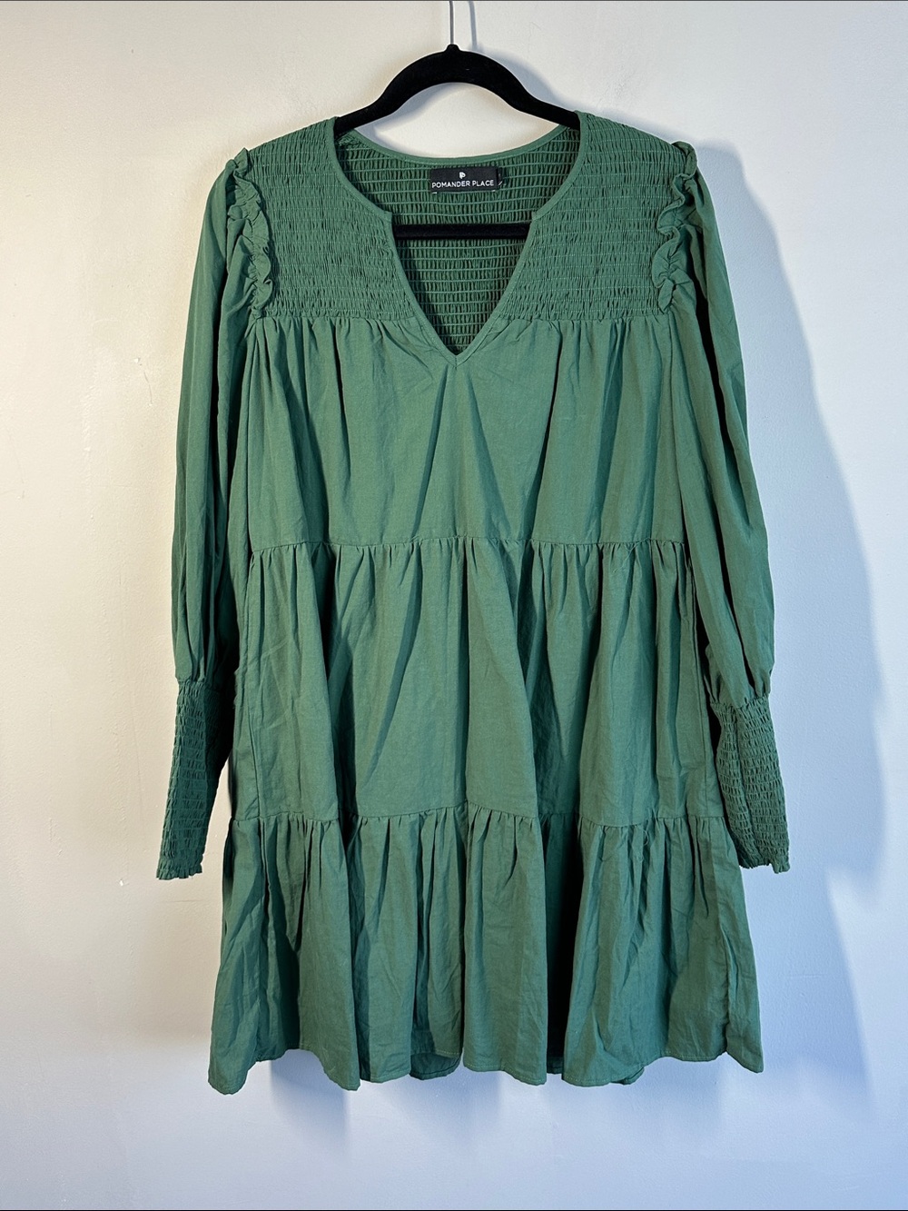 Pomander Place Ceci Smocked Long Sleeve Green Tiered Mini Dress Sz M 100% Cotton - Picture 2 of 11